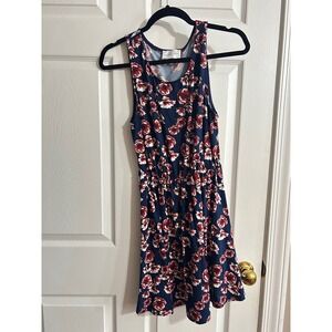 French Grey Navy Floral Print Elastic Waist Sleeveless Dress Women's Size Medium